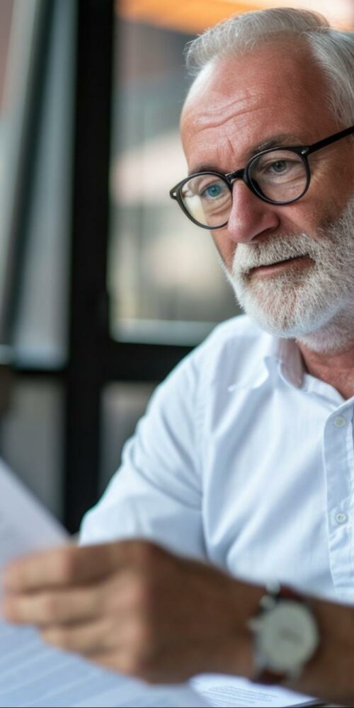 An elderly man with a beard and glasses, wearing a white shirt and a watch, holding and reading documents in a bright room with a window in the background.
